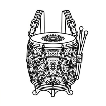 Intricate black and white illustration of a traditional hand drum with mallets.
