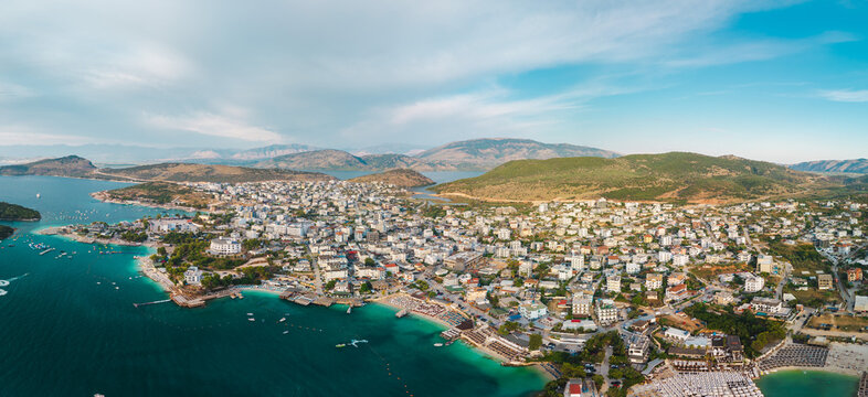 Panoramic Aerial View of Ksamil Coastal Town and Turquoise Bays