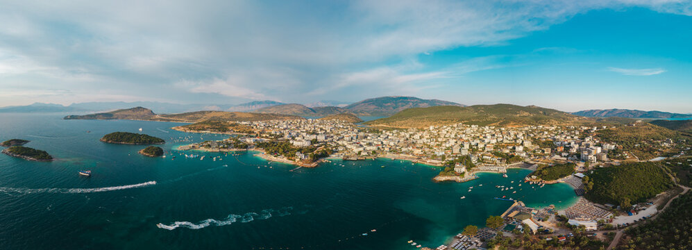 Panoramic Aerial View of Ksamil Coastline and Islands