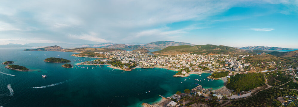 Panoramic Aerial View of Ksamil Coastline and Turquoise Bays in