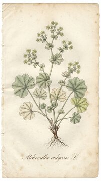 Alchemilla vulgaris botanical plate documenting its dew-catching leaves and traditional herbal use