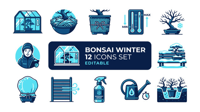 Bonsai Winter Care Icons: A collection of twelve stylized icons illustrating the essential elements of bonsai tree care during the winter season, including greenhouses, protective covers.