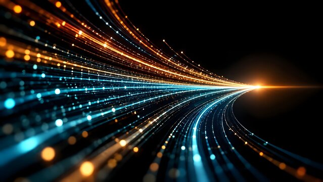 Digital fiber optic network connection with glowing light trails for fast internet speed, data transfer and future communication concept