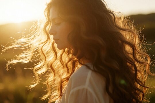 Profile of young woman with long wavy hair in sunset light. Golden hour sun rays shine through curly hair strands. Peaceful female enjoying nature outdoors. Beautiful girl with eyes closed feeling