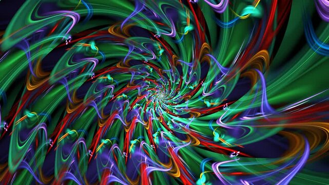 Dynamic vortex of colorful light streaks creating hypnotic spiral patterns in motion. Multicolor swirling waves transform with unfolding vivid neon trails movement. 4K UHD 4096x2304