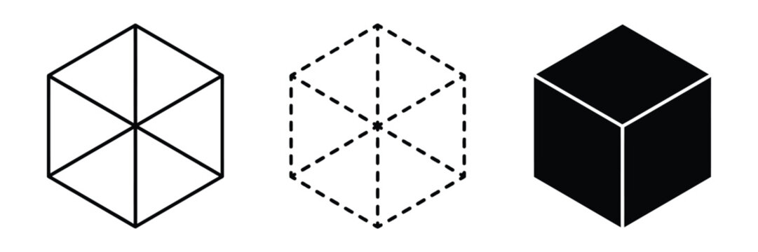 Three cube illustrations showing geometric wireframe, dashed, and solid black forms in isometric style, representing geometry, structure, volume, and 3D design.