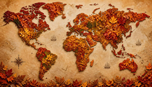 Autumn Equinox Global World map crafted using vibrant autumn leaves featuring rich red, orange, and yellow foliage arranged meticulously upon an aged parchment surface with delicate compass rose illus