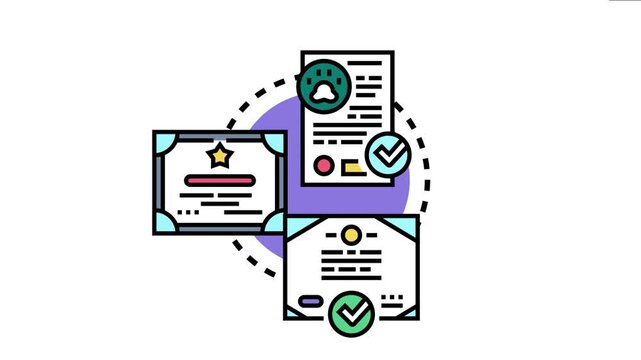 Certification process icon for obtaining professional qualification, completing exams, and achieving validated skill levels through various tests