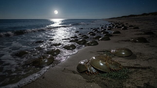 Atlantic Horseshoe Crabs Spawning on Sandy Beach Under Full Moon Light