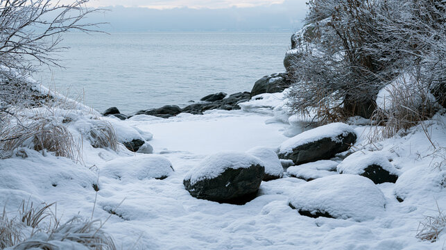 A serene winter landscape featuring a frozen body of water and snow-covered rocks and vegetation. The scene evokes a sense of cold and stillness.