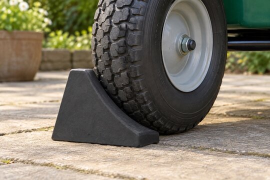 Rubber wheel chock beside a garden cart tire on paving