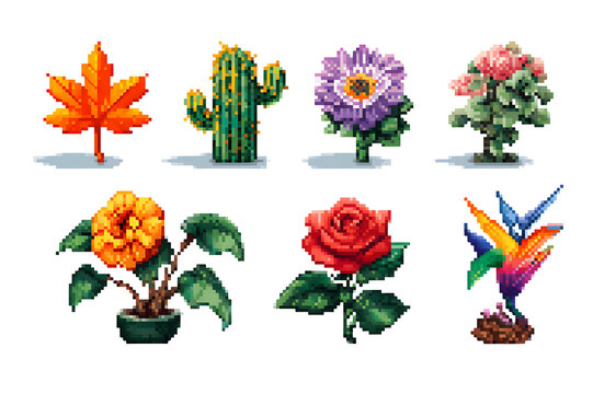 Eight pixel plant sprites in two rows with leaves and flowers