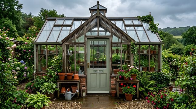 Rustic wooden greenhouse in lush garden, vintage glasshouse filled with potted plants, cozy botanical potting shed structure