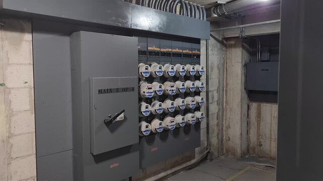 Wall mounted power distribution cabinets and meters in an indoor electrical room