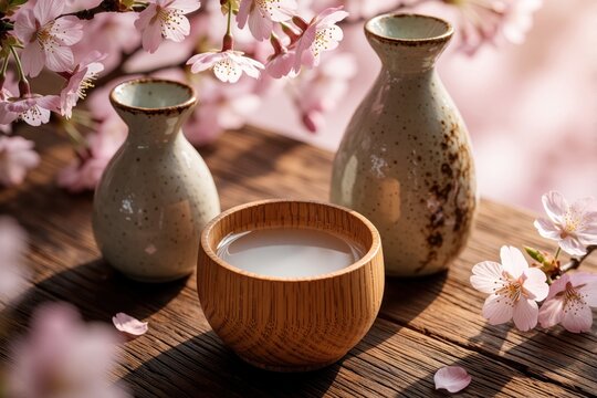 Traditional Japanese sake bottle, wooden cup on rustic table. Pink cherry blossom sakura flowers bloom in spring background. Authentic rice wine set for hanami celebration under sakura trees in