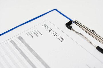 Fototapeta premium price quote form on a clipboard with blue border on white background