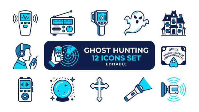 Ghost Hunting Icon Set: A collection of 12 icons representing ghost hunting tools and concepts, including EMF meter, radio, thermal camera, ghost, haunted house, audio recorder, crystal ball, cross.