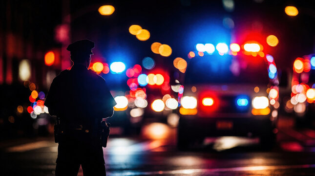 Silhouette of police officer stands on city street at night with blurred emergency vehicle lights creating vibrant bokeh effect. Law enforcement man in uniform watches flashing red, blue lights from