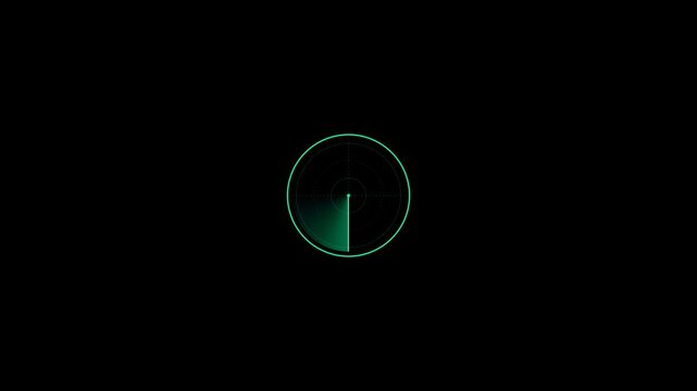 Futuristic digital radar HUD featuring a bright green and cyan scanning sweep rotating continuously across concentric range rings, crosshair coordinates and a glowing center point on a clean black bac