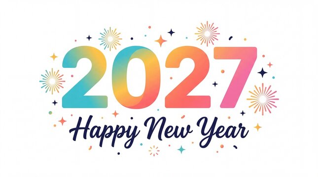 Colorful 2027 Happy New Year typography banner with gradient numbers and fireworks, festive 2027 celebration graphic background for seasonal holiday party card design