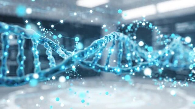 Glowing Blue DNA Double Helix Rotating in Futuristic High Tech Medical Laboratory