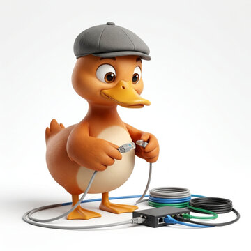 Cute cartoon duck IT technician holding ethernet network cables near a switch router isolated on white background