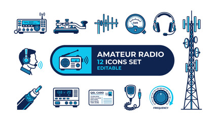 Amateur Radio Icon Set: A collection of illustrated icons representing various aspects of amateur radio communication, including transmitters, receivers, antennas, Morse code keys, microphones. © asad