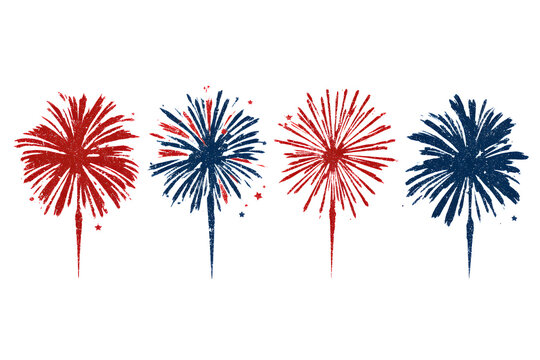 Four distressed red and blue fireworks burst illustrations on white