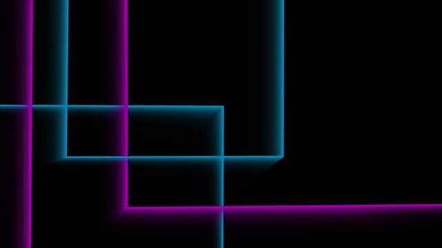 Geometric rectangles animation shows overlapping neon borders. Central copy space opens inside geometric rectangles. Modern sci-fi screens use geometric rectangles.
