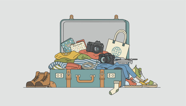 Open vintage suitcase packed with summer travel items including colorful clothing, shoes, cameras, and a modern drone.
