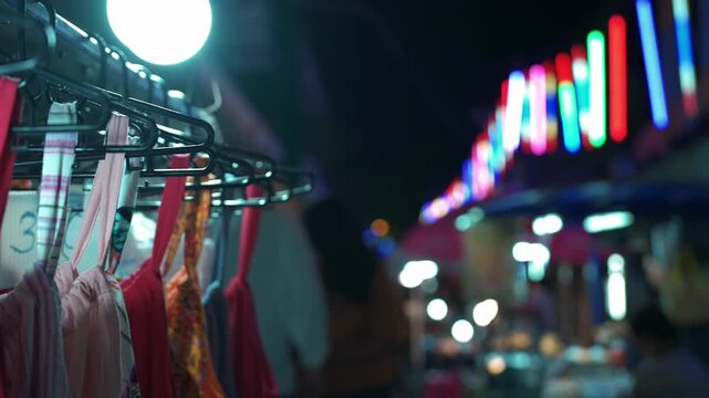 clothing rack with hangers at night street market stall, vibrant neon lights and bokeh blurred illumination in evening bazaar 4k