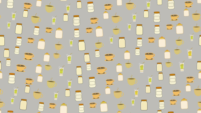 Seamless pattern of jars, coffee cups, and drinks