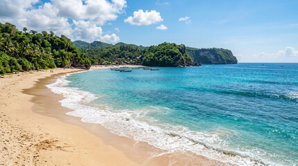 Obraz premium Scenic Tropical Beach Landscape with Turquoise Ocean Waves and Lush Green Cliffs on a Sunny Day in Bali Indonesia