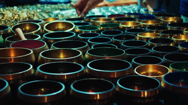 brass singing bowls arranged in rows at street market stall, collection of traditional tibetan meditation sound therapy souvenirs for sale 4k
