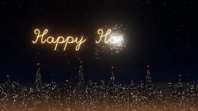 A 3D render of the words Happy Holidays glowing in golden cursive text across a starry night sky, above a generic city skyline with illuminated skyscrapers
