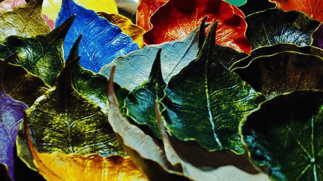 colorful leaf shaped ceramic dishes arranged on display at market stall, handmade glazed bodhi leaf decorative trays for sale in street bazaar 4k
