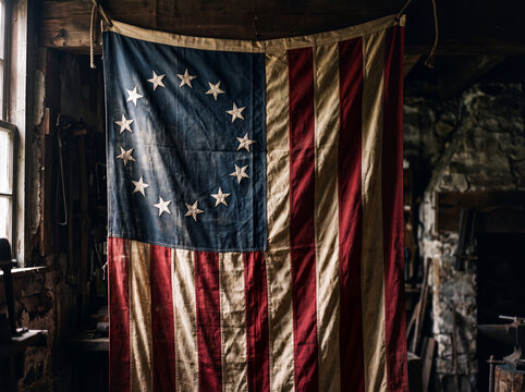 Historical vintage flag hanging inside a rustic wooden workshop with thirteen stars and stripes representing the early nation