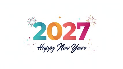 Fototapeta premium Colorful 2027 Happy New Year typography design with fireworks on white background, festive 2027 celebration graphic typography, modern new year 2027 banner template