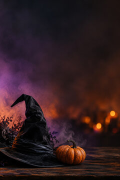 Vertical black witch hat and small orange pumpkin on a dark wooden table with purple and orange smoke and bokeh, Halloween with copy space
