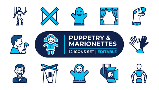 Puppetry and Marionette Icon Set: A vibrant collection of editable icons representing various aspects of puppetry and marionettes, including puppets, stage, hands, and performers.