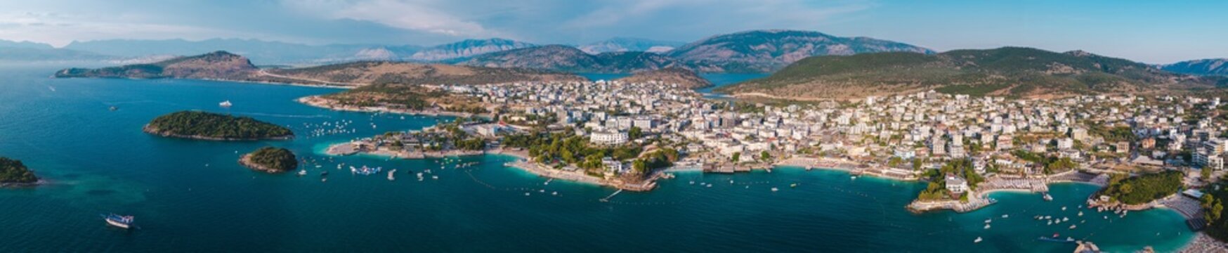 Aerial Panoramic View of Ksamil Coastal Town and Islands