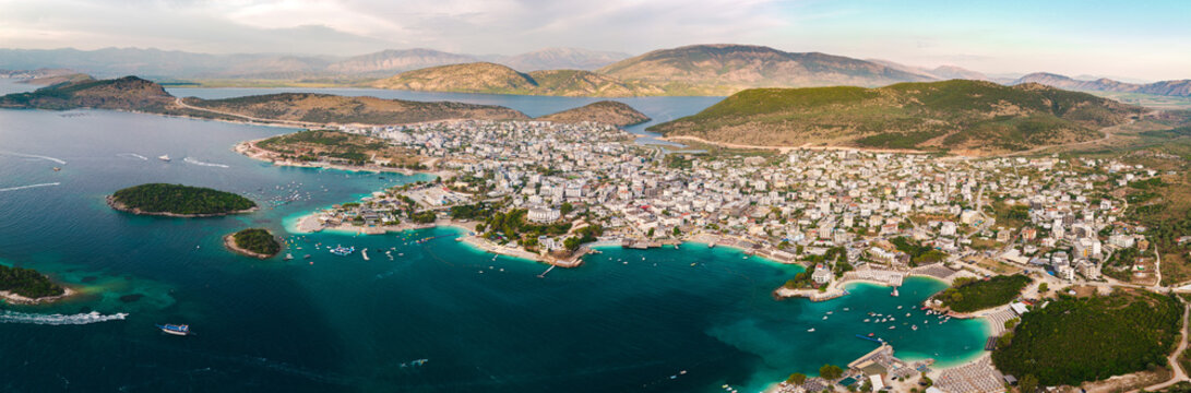 Aerial Panorama of Ksamil Coastal Town and Turquoise Bays in Albania