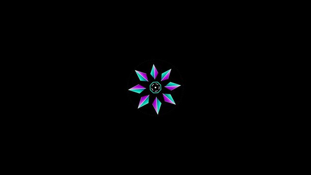 Futuristic kaleidoscope fractal ring featuring eight symmetrical cyan and violet crystalline petals with staggered morphing motion, rotating around a counter-rotating cyan octagonal core on a clean bl