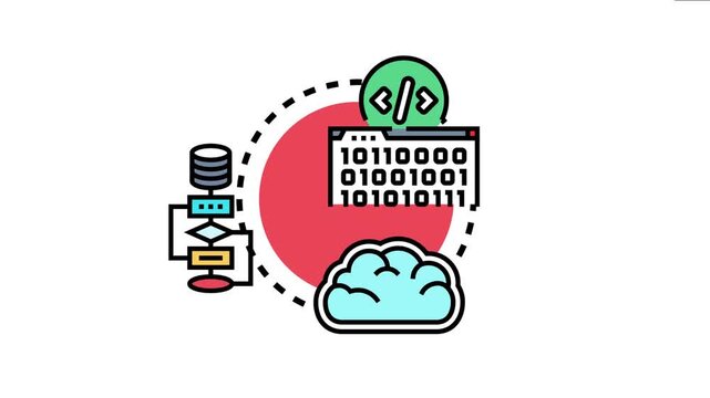 Object oriented programming concept illustrates the intertwined components of software development. Connecting database management with a logical workflow. Cloud computing