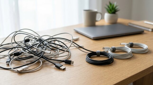 Tangled Charging Cables Managed with Organizers on a Wooden Desk