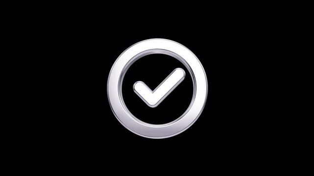 3D silver checkmark symbol inside a circular border on black background