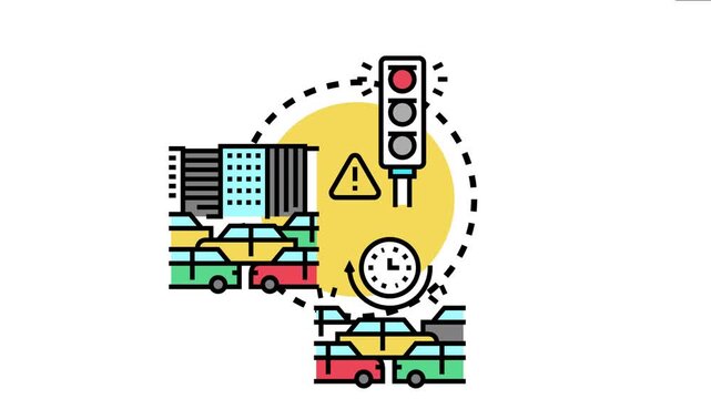 City traffic scene drivers complying with road regulations, waiting patiently at a red light alongside urban buildings with a warning sign and timing elements