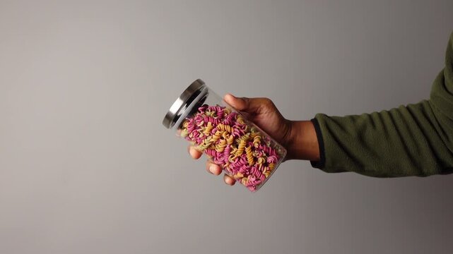 Person holding clear glass jar filled with colorful fusilli pasta noodles on grey backdrop.
