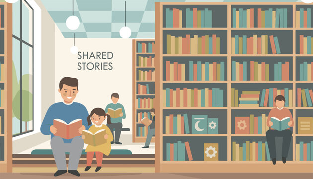 Happy young children and father reading fascinating books inside modern cozy library with shelves for shared stories.
