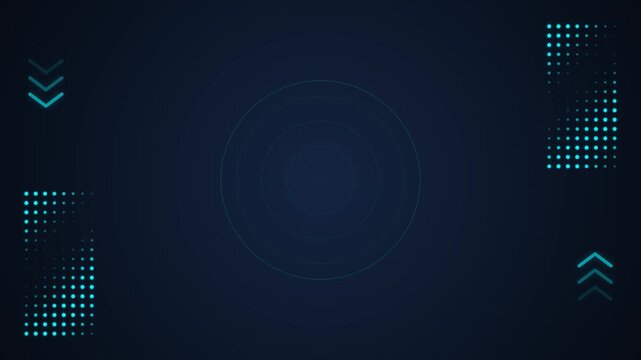 A 4K 16:9 motion graphic featuring animated chevron arrows, dynamic rippling dot grids, and expanding central geometric rings in a modern tech-blue and cyber-cyan color scheme.